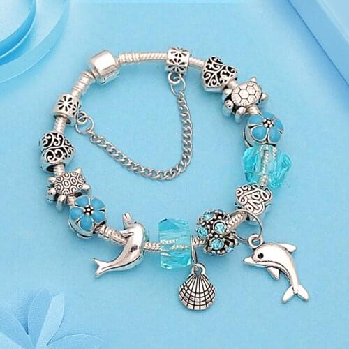 New Casual Ocean Style Silver Color Dolphin Shell Charm Bracelet Blue Crystal Flower Bead Bracelet Animal Pendant Bracelets Gift