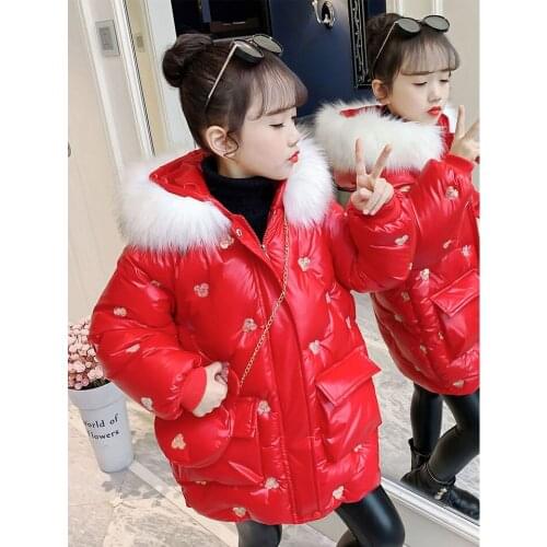 Red Color Parkas Russia Winter Down Coats High Quality Cute Hooded Outerwear For 4-12 Yrs Girls Clothing Fur Collar Warm Parkas