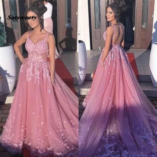 Sexy V Neck Backless Lace Prom Dress Fashion A-Line Tulle Appliques Court Train Vestido De Noiva Elegant Evening Gowns