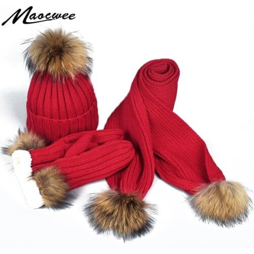 Scarf Hat And Gloves Three-piece Set Women Skullies Beanies PomPon Ball for Wool Knitting Autumn And Winter Warm Striped Cap