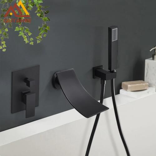 Quyanre Black Chrome Waterfall Bathtub Shower Faucet Wall Mount Hot Cold Water Mixer Bath Shower Faucet Tap Robinet Baignoire