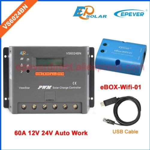 Solar regulator PWM EPEVER Free shipping Wifi eBOX and USB cable PC connect VS6024BN 60A Solar panels system charger battery