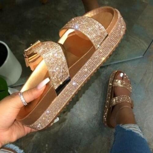 Spring/Summer 2020 Women Double-Layer Rhinestone Buckle Sandals Outside Wild Beach Slippers Ladies Leisure Home Travel Flop