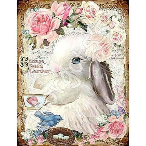 Cottage Rose Garden Bunny Poster Vintage Painting Metal Tin Sign for Street Garage Family Cafe Bar Farm Country Bathroom decor