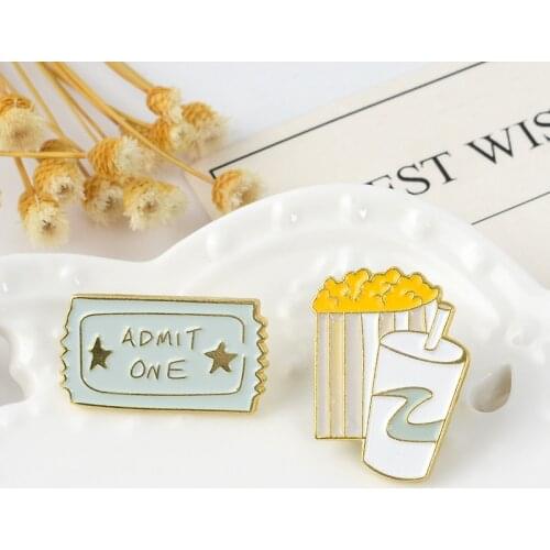 Movie Ticket Pins Popcorn Milk Tea Brooches Party Accessories Jewelry Clothes Enamel Pin Bag For Friend Kids Gifts