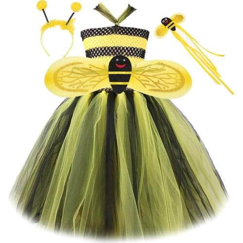 Yellow Black Honeybee Long Tutu Dress for Girls Bumble bee Halloween Costumes for Kids Girl Fairy Dresses with Bee Wings Outfits