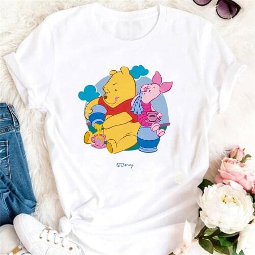 Pooh Winnie And Piglet Printed Fashion Women T Shirts Short Sleeve Casual White O-neck Tee Shirt Basic White Femme Tops Tees