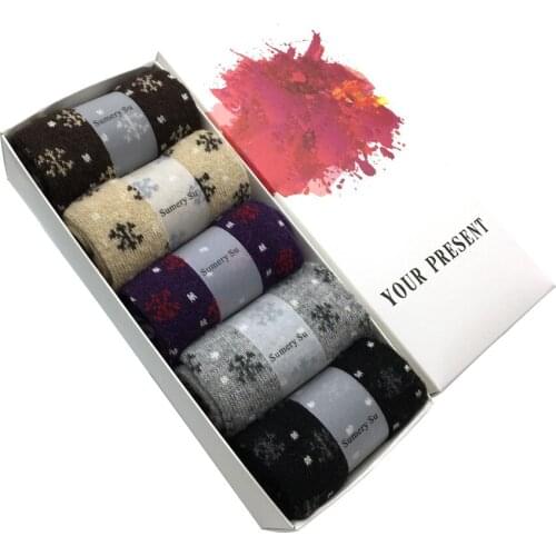 5 Pairs/Lot Wool Socks Women Winter Snow Flower Pattern Cashmere Breathable Sock Christmas Gift for Girls Ladies