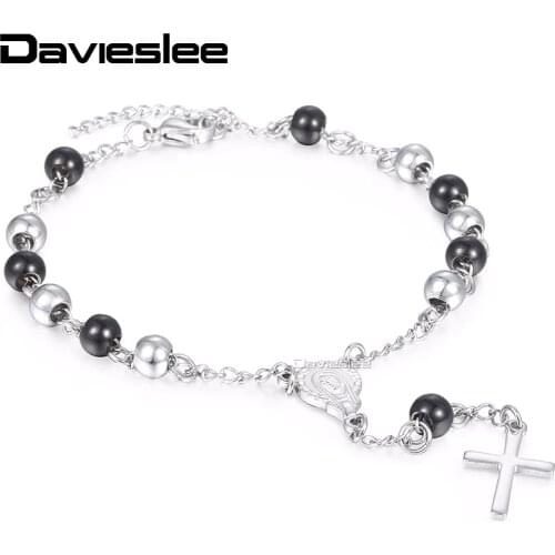 Davieslee Womens Chain Virgin Mary Cross Charm Rosary Bracelet Stainless Steel Bead Link Black Gold Silver Color 2/4/6mm LKBM157