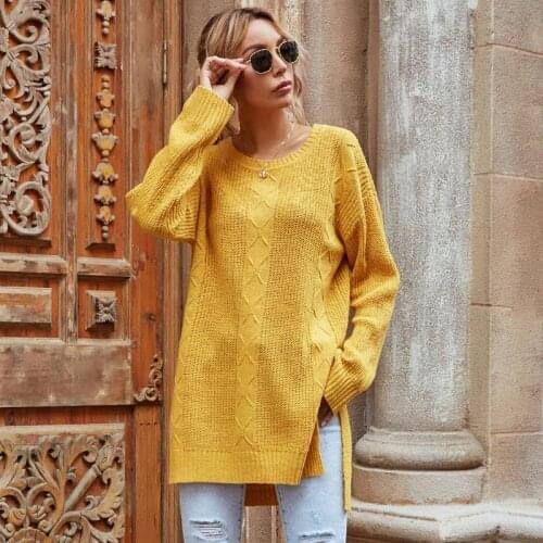 Womens Loose Knitted Sweaters Autumn 2020 New Side Split Long Yellow Jumpers O Neck Warm Pullovers For Ladies Fashion Clothes