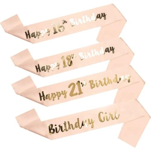 1pc Birthday Girl Pink Sash Shoulder Happy Birthday Satin Sashes Shoulder Strap Adult Woman Ribbon for Anniversary Party Decor