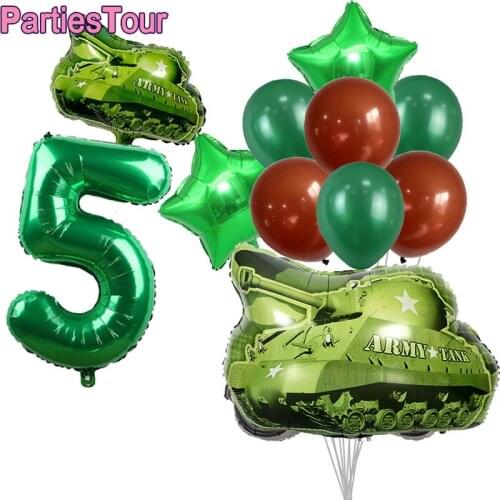 15pcs Camouflage Military Balloons Green 32'' Number Balloons Mini Tank Foil Balloons kit Kids Camouflage Birthday Party Decors