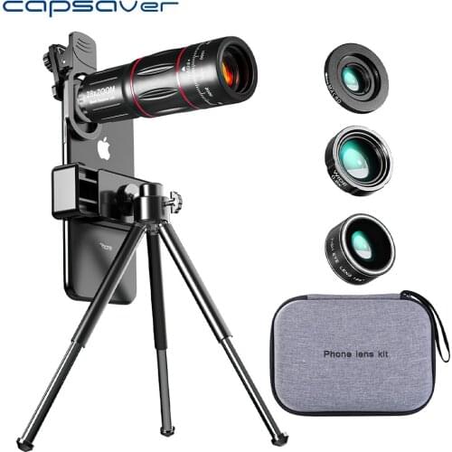 Capsaver 4 in 1 Phone Lens Set HD External Camera Lens Macro Fish Eye Wide Angle 28X Telephoto Lens with Tripod for Smartphone