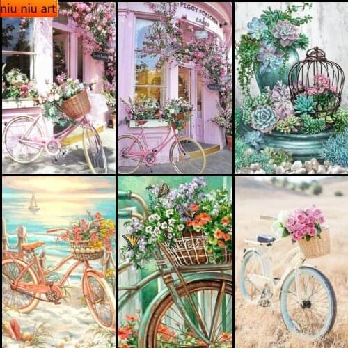 5D DIY Diamond Painting Pink Bicycle and Flower Landscape Diamond Inlay Art Painting Rhinestone Crafts Kit Gift Home Decoration