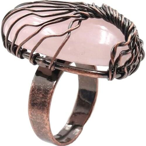 Antique Copper Wire Wrap Oval Shape Rose Pink Quartz Resizable Finger Ring Tree of Life Opalite Opal Jewelry