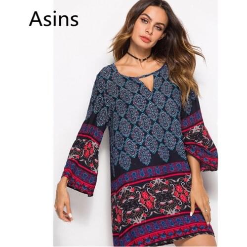 Asins dress woman 2019 summer new hot casual fashion o neck high waist printing wild loose flare sleeve large size sexy dress