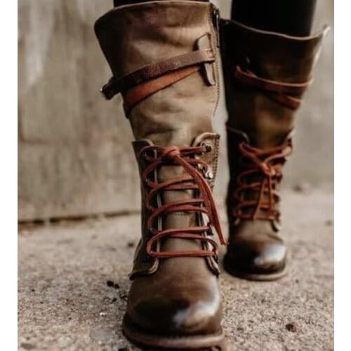 Vintage Women Shoes Winter Autumn Pu Leather Lace Up Boots Mid Calf Ladies Buckle Strap Zip Platform Riding Boots Zapatos Mujer