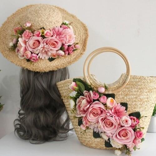 Flower Straw Bag 2021 Summer Holiday Casual Beach Rattan Handbag Colorful Artificial Flower Weave Straw Tote Handbag and Hat