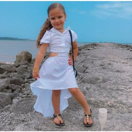 Girl’s Solid Color Shirt Dress Short Sleeve Shirt Top Hollowed Waist Asymmetrical Hem Skirt for Children Girls Summer 1-6 Years