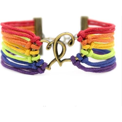 LGBT Jewelry Vintage Rainbow Color Woven Bracelet Cross Love Heart Charms Handmade Bangle Adjust Size Pulseras Bijoux Gifts