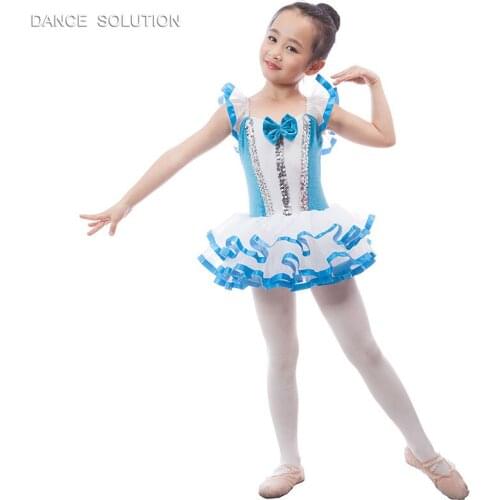 Hot Sale Stage Dance Dress Ballet Tutu Children Short Tutus Kids Show Performance Costume With Blue Bow & Wave Satins 16107