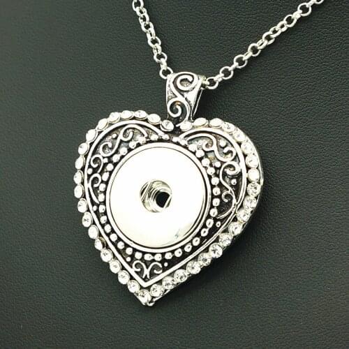 Fashion Crystal Heart Retro pattern snap pendant necklace 60cm fit DIY 18MM snap buttons wholesale XL0147