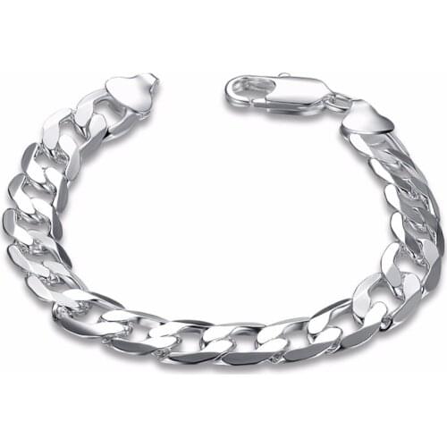 Hot 925 sterling silver jewelry 10mm wide bracelet flat bracelet men simple geometric silverware lobster claw clasp bracelet