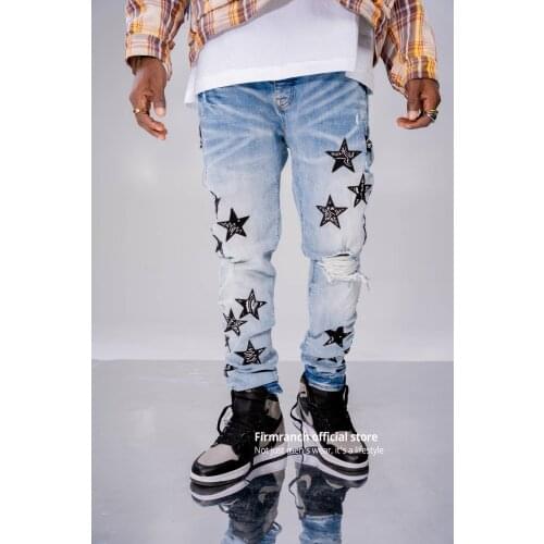 Firmranch New Back/Blue/White Leather Stars Jeans For Men/Women 2021 Ins High Street Broken Jeans Denim Pants Motorcycle Trouse