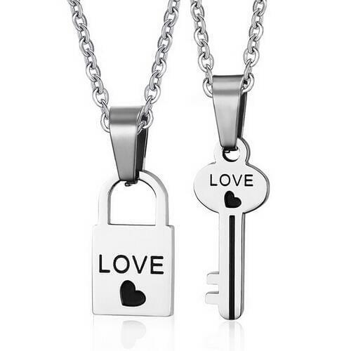 Heart Lock and Key Couples Necklace His and Hers Couple or Best Friend Pair of Necklaces Steel Heart Shaped Lock and Key