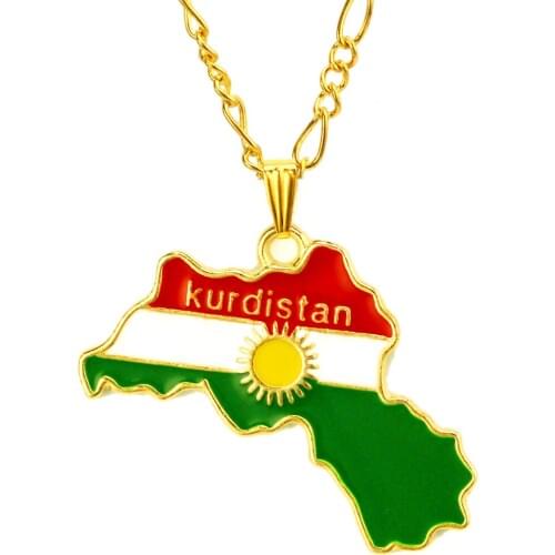 Kurdistan Region Map Pendant Necklaces Chain 45cm/60cm,Gold National Flag of Kurdish Jewelry For Women Men