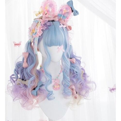 Sweet Candy Purple Blue Pink Lolita Wig Kawaii Harajuku Fairy Cosplay Bangs Curly Long Adult Party Girls Hair