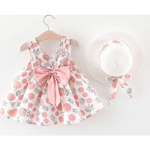 Dress 2pcs Baby Girls Clothes Toddler Baby Kids Girl Sleeveless Strap Dot Print Bow Princess Dresses Hat Dress For Girls