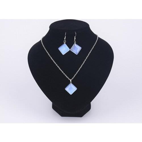 Druzy Natural Opal Stone Square Earringsss Pendant Earbob Necklace Set for Party Prom Anniversary Women Fashion Jewelry