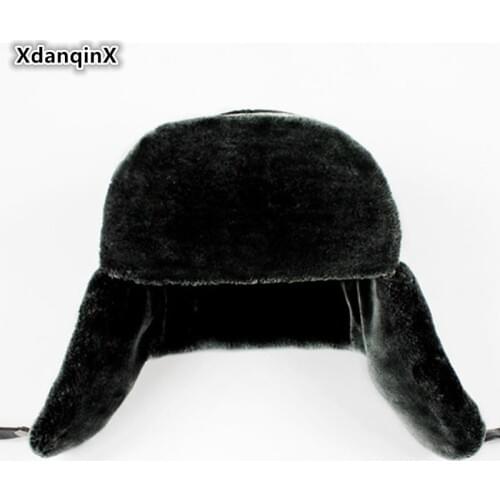 XdanqinX Winter Genuine Leather Hat Mens Cowhide Warm Bomber Hat With Ears Middle-aged Velvet Thick Earmuffs Ski Cap Dads Hats