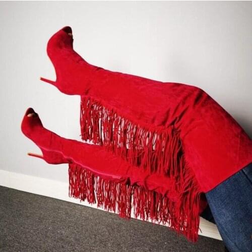Stylish Red Suede Fringe Over The Knee Boot Peep Toe Tassel Tight High Boot High Heel Zipper Women Dress Shoes High Tall Boot