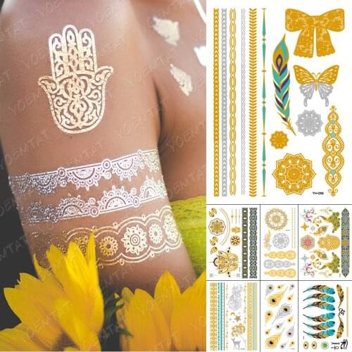 Waterproof Temporary Tattoo Sticker Metal Gold Silver Eye Bracelet Anchor Feather Flash Tatoo Women Henna Body Art Fake Tatto