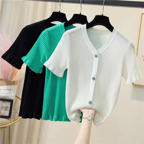 Short Sleeve Hollow Out Knitted Pullover Tops Crochet Summer V-neck Solid Pull Jumpers Top Casual Female Pullovers Sweater