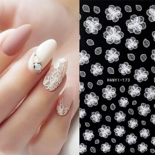 1 Pc 3D White Lace Embossed Flower Design Nail Stickers Cute Korean Fashion Water Transfer Nail Decals Manicure Decoration SQ03