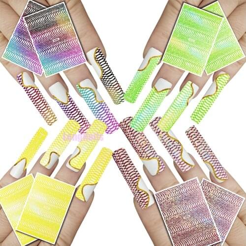 12pc/Set Laser 3D Sally Mesh Stickers 8*10cm Fluorescent Holo-Sally Hollow Mesh Decals DIY Lines Adhesive Nail Net Stickers NL76