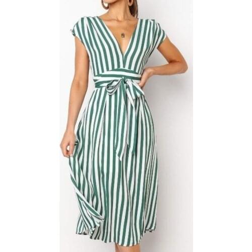 2021 Nwe Summer Short Sleeve Striped Dress Drawstring High Waist Elegant Long Party Dress V Neck Vacation Clothes Women