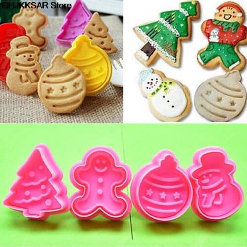 4Pcs/Set Food Grade Plastic Christmas cookie cutter,Kitchen bake Tools,Plunger Stamp Die Fondant Cake Decorating Tools
