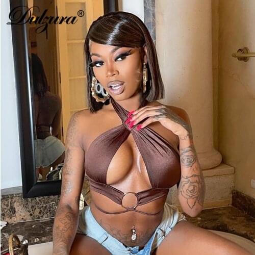 Dulzura Satin Women Halter Crop Top Lace Up Bandage Backless Elegant Party Club Festival 2021 Summer Clothes Cute