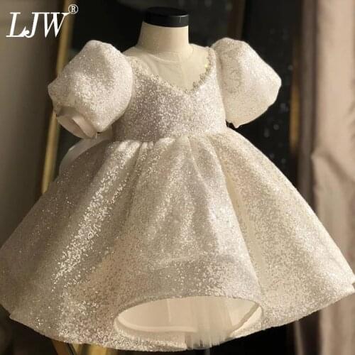 White Girl Dress Baptismal dress for infant Gorgeous elegant Flower Girls Dresses Big bow tutu princess Wedding Baby Girl Dress