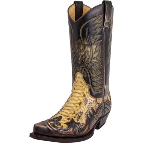 Unique Python Western Boot Colorblock Embroidery Men Boots Fashion Modern Shoes Comfortable