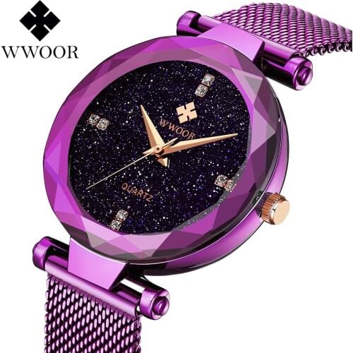 WWOOR New unique design purple Mesh Stainless Steel Watches Women Brand Luxury Casual Clock Ladies Quartz Watch Relogio Feminino