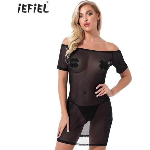 Black Women Off Shoulder Short Sleeve Sexy Dress See-through Mesh Dresses Clubwear Vacation Beach Bikini Swimsuit Cover Ups