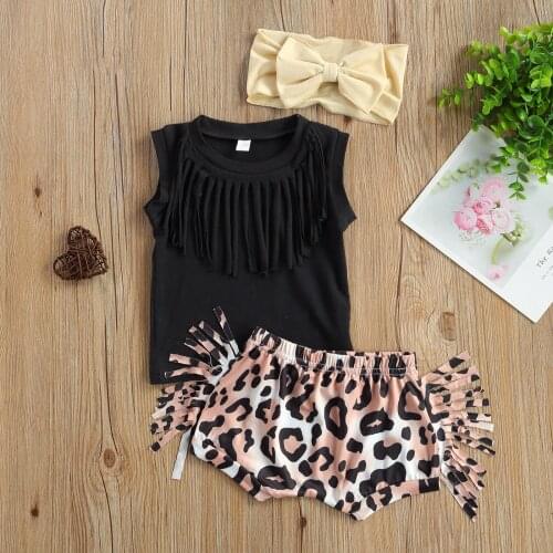 Newborn Baby Girls Clothes Sets 3pcs Tassel Sleeveless Pullover Vest Leopard Shorts Headband 0-24M