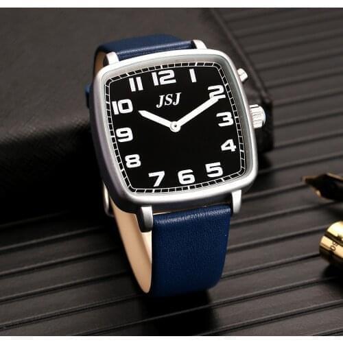 Square German Talking Watch with Alarm,Talking Date and Time,Black Dial,Blue Leather Band TGSW-1712G