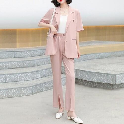 Summer Women Womens Set Short Sleeve Blazers And Elastic Wasit Wide Leg Split Pants Suit 2 Piece Set Casual Office Lady Outfits