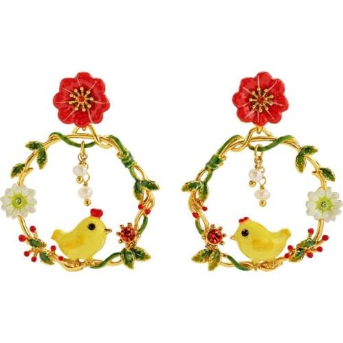 Dream Little Cute Chicken Series Fashion Flower Pearl Earring Earrings Hand-painted Enamel Glaze Craft S925 White Fungus Needle